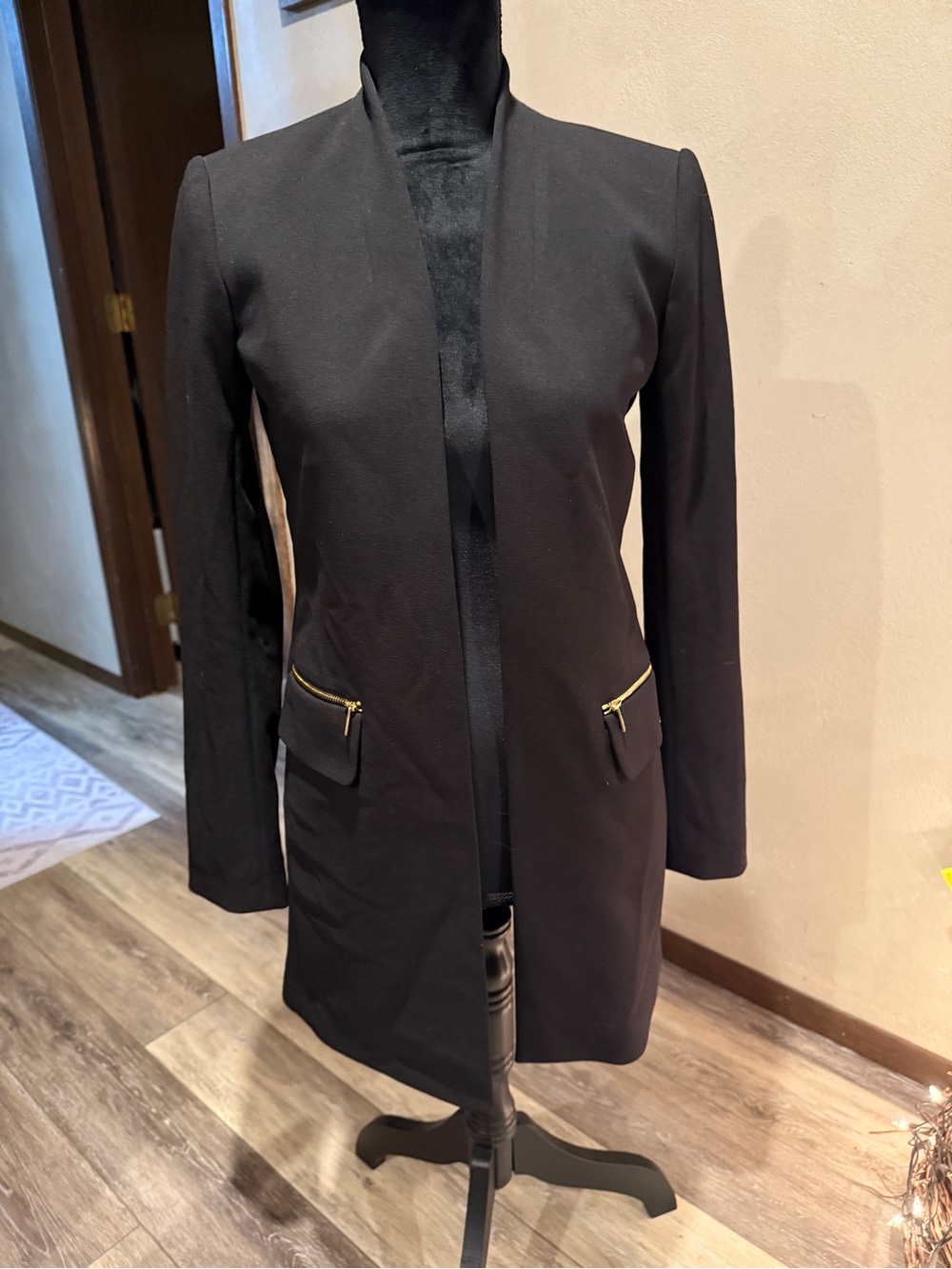 Calvin Klein Black Long Open-Front Blazer with Gold Zipper Pockets